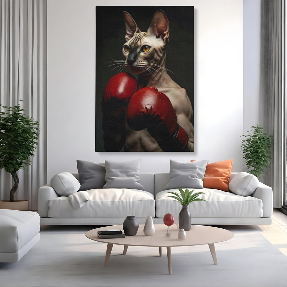 Tablou canvas cu tablou canvas cu motan sphynx boxer, fara rama, pe sasiu de lemn, pe perete intr-un living